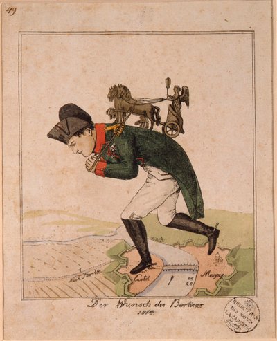 „Życzenie berlińczyków” (Życzenie berlińczyków) Karykatura przedstawiająca cesarza Napoleona I (1769-1821) niosącego na plecach kwadrygę Bramy Brandenburskiej na przekroczenie Moguncji podczas oblężenia twierdzy Anonimowa karykatura autorstwa Unknown artist