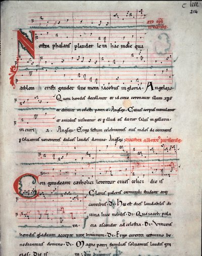Ulotka przewodnika pielgrzyma z tekstem pielgrzymki do Santiago de Compostela (Santiago de Compostella) Fol. 214 r. Z rękopisu z XIII wieku. Archiwum Katedry Santiago de Compostela (Santiago de Compostela), Hiszpania autorstwa Unknown artist