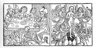 Po lewej: Św. Maria Magdalena osusza stopy Jezusa swoimi włosami. Po prawej: św. Maria Magdalena wstępuje do nieba. Rękopis z 1488 r. wydrukowany w Norymberdze. Grawer z „Leben der Heiligen - sommerteil” (Księga świętego) Jakuba (Jakuba) z Vora autorstwa Unknown artist