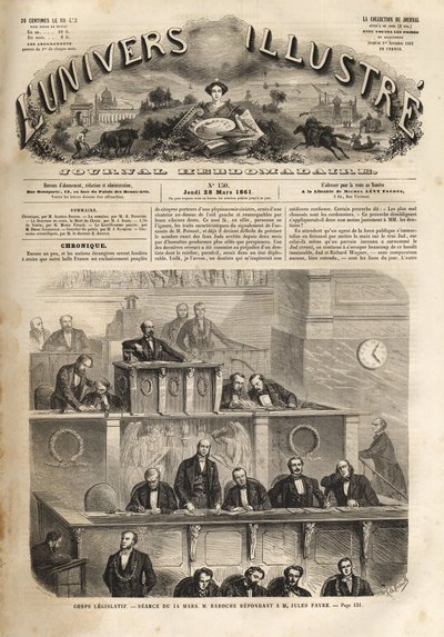 Ciało ustawodawcze - sesja 14 marca 1861 - Pierre Jules Baroche (1802-1870) w odpowiedzi na Jules Favre (1809-1880) - Illustrous Universe 1861 autorstwa Unknown artist