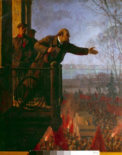 Lenin na balkonie domu Csechinskaia nocą, kwiecień 1917 (olej na płótnie) autorstwa Unknown Artist