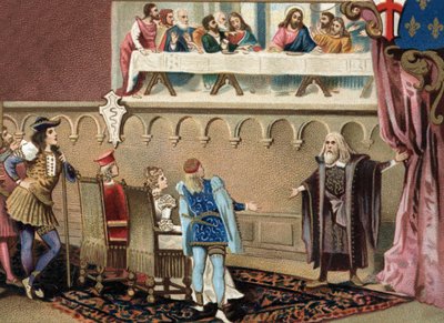 Leonard de Vinci (1452 - 1519) (Leonardo da Vinci) pokazuje swój fresk „Święty Cene” Ludovikowi Sforza dit The More, księciu Mediolanu (Ludovico Sforza w refektarzu Santa Maria delle Gracie w Mediolanie). autorstwa Unknown artist