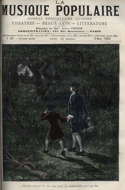 Leopold Mozart i jego syn Wolfgang Amadeus w Schwarzwaldzie - Leopold Mozart i jego syn Wolfgang Amadeus w Schwarzwaldzie w Niemczech - grawerowanie w "Muzyce popularnej""" - 1882 autorstwa Unknown artist