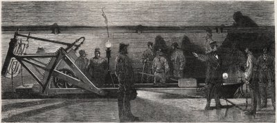 Les egouts de Paris: „łódź do spłukiwania” używana do czyszczenia kolektora - Grawer z „Le Monde Illustré”” autorstwa Unknown artist