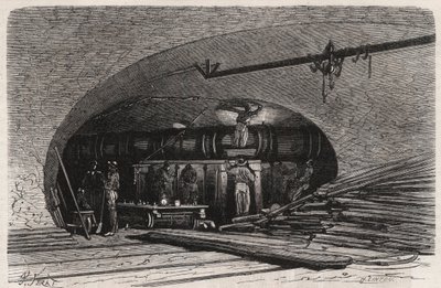 Kanały Paryża: zagięcie rury w pobliżu mostu Saint Michel (Saint-Michel), place du Chatelet - Grawerowanie w „” Le Monde Illustré”” autorstwa Unknown artist