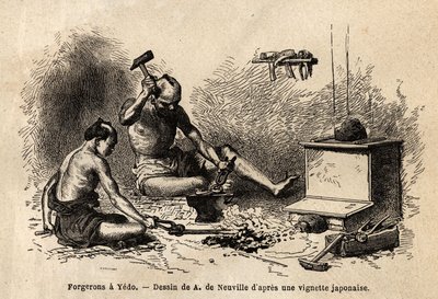 Zajmijmy się kowali przed ich kuźnią w Yedo (lub Edo, stolicy cesarskiej, dzisiejsze Tokio). Rycina ilustrująca podróż do Japonii w latach 1863-1864, autorstwa Aime Humberta, ministra Konfederacji Szwajcarskiej, w „Le tour du monde, nouveau journal des vo autorstwa Unknown artist