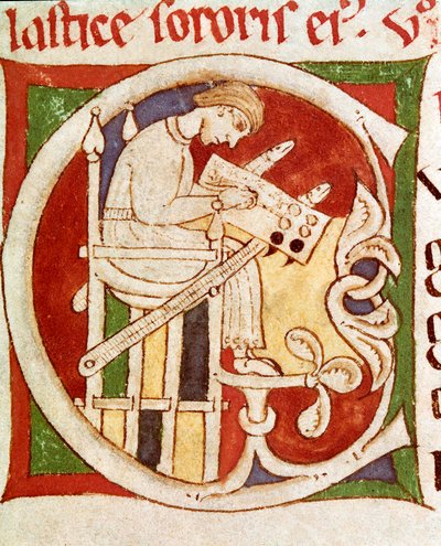 Litera C ozdobiona napisem mnich na biurku. Miniatura z „Vitae sanctorum” (Życie Świętych) Coimbre XII w., biblioteka uniwersytecka autorstwa Unknown artist