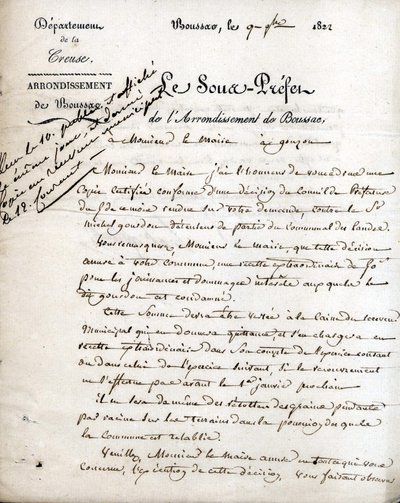 List podprefekta Creuse (okręg Boussac) do burmistrza Gouzon, 9 września 1822 autorstwa Unknown artist