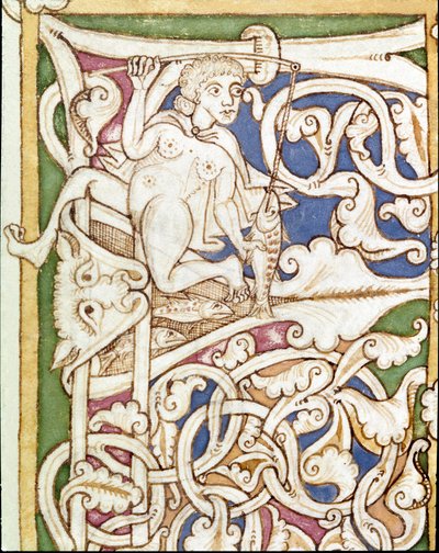 Lettrine P decoree przedstawiająca kobietę łowiącą rybę. Miniatura z Biblii (Stary Testament) (Ms 3088) XII-wieczna Coimbra, Biblioteka Uniwersytecka autorstwa Unknown artist