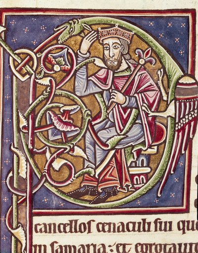 Lettrine P decoree przedstawienia króla krainy Moabu Miniatura z Biblii (Ms 3088) Coimbra XII w., biblioteka Uniwersytetu autorstwa Unknown artist