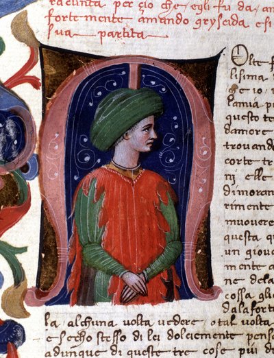 Lettryna „m” i miniatura przedstawiająca sofistę Filostrata. Rękopis Boccacio (Boccace) autorstwa Unknown artist