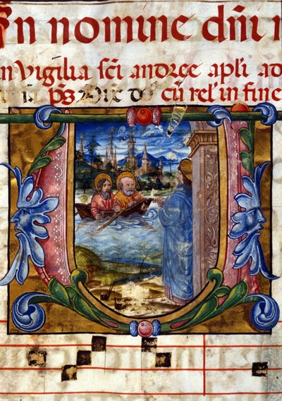 Lettryna chóru z XV wieku. Pojawienie się Chrystusa po jego zmartwychwstaniu z niedowierzającymi przeprosinami nad Jeziorem Tyberiadzkim. Biblioteca Nazionale Braidense, Mediolan. autorstwa Unknown artist