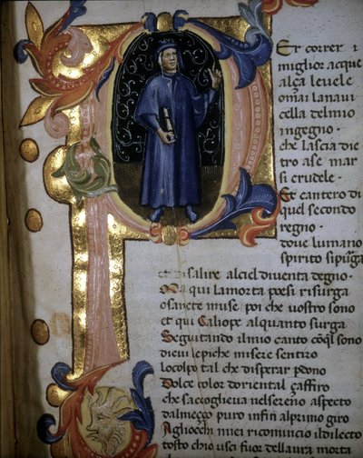 Lettryna „” p” z rękopisu „Boskiej Komedii”. Incipit „”Czyściec””. Iluminacja przedstawiająca Dantego Alighieri. 14 wiek. Braidense. autorstwa Unknown artist