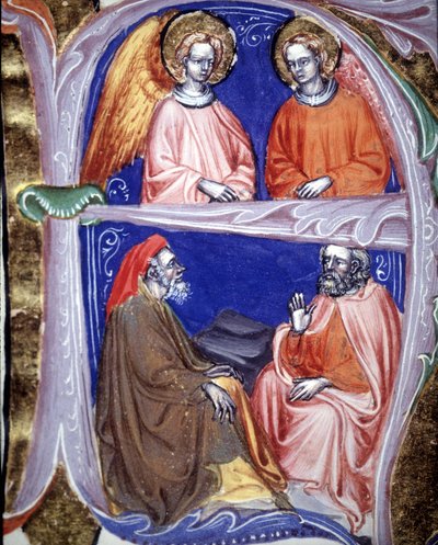Lettrine reprezentująca aniołów i filozofów, którzy dyskutują - w De civitate dei de St Augustine. Rękopis z XIV wieku. Biblia Miejska z Rimini. autorstwa Unknown artist