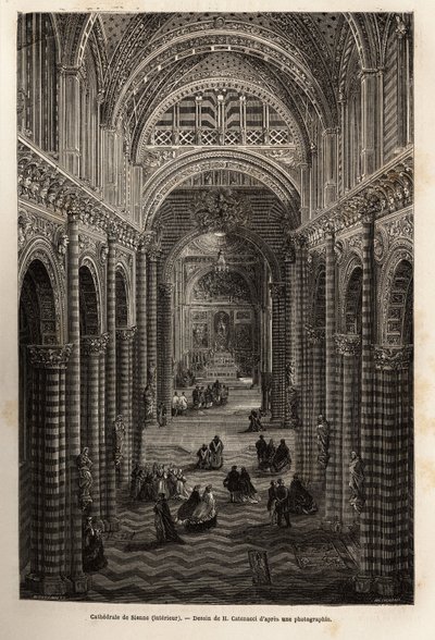 Wnętrze katedry w Sienie, rycina ilustrująca podróż do Sieny (Włochy) w 1865 r. w „Le tour du monde, nouveau journal des voyages” wydanej pod kierunkiem Edouarda Chartona autorstwa Unknown artist