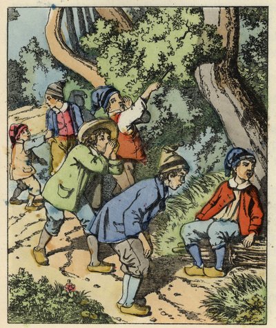 Mały Poucet i jego bracia zgubili się w opuszczonym przez rodziców lesie. Ilustracja do bajki „Le Pepetit Poucet” autorstwa Charlesa Perraulta autorstwa Unknown artist
