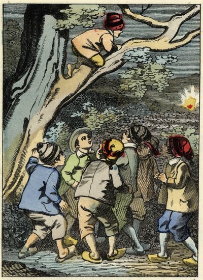 Mały Poucet wspina się na drzewo i szuka swojej drogi. Podnosi światło w lesie. Ilustracja do bajki Charlesa Perraulta „” Le Pepetit Poucet” autorstwa Unknown artist