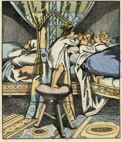 Mały Poucet kładzie korony siedmiu córek ogra na głowę swoich braci. Ilustracja do bajki „Le Petite Poucet” autorstwa Charlesa Perraulta autorstwa Unknown artist