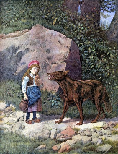Czerwony Kapturek spotyka wilka w lesie – w „Les Tales de Perrault”” autorstwa Unknown artist