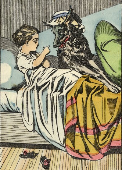 Czerwony Kapturek prosi Wilka: „Babciu, bo masz duże zęby”. Ilustracja do bajki „Czerwony Kapturek” Charlesa Perrault autorstwa Unknown artist