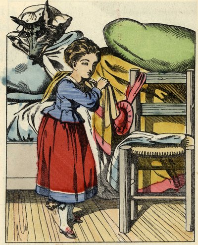 Czerwony Kapturek w domu swojej babci. Ilustracja do bajki „Czerwony Kapturek” Charlesa Perrault autorstwa Unknown artist