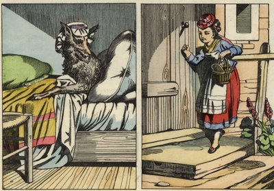 Czerwony Kapturek puka do drzwi swojej babci. Ilustracja do bajki „Czerwony Kapturek” Charlesa Perrault autorstwa Unknown artist