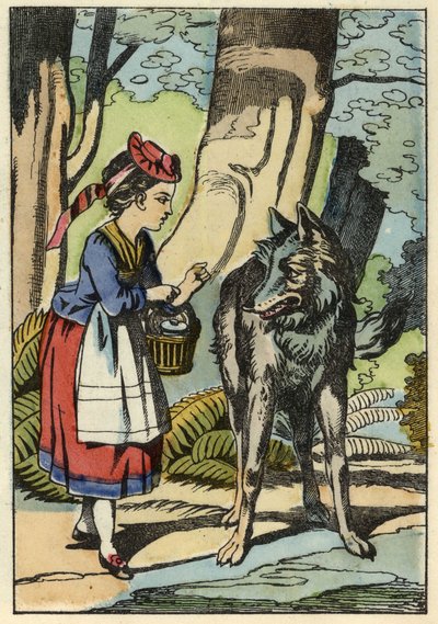 Czerwony Kapturek spotyka wilka w lesie. Ilustracja do bajki „Czerwony Kapturek” Charlesa Perrault autorstwa Unknown artist