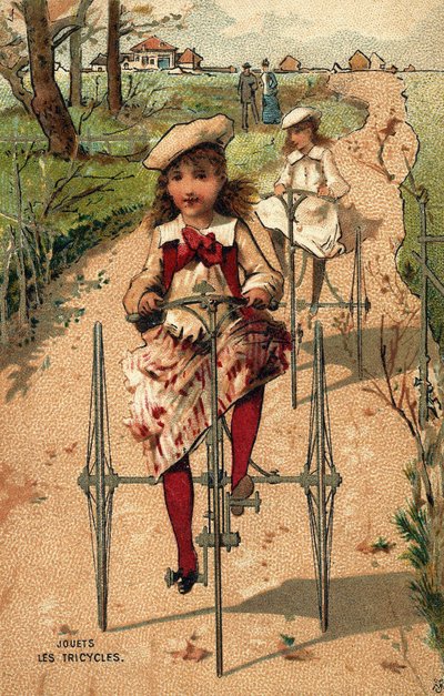 Małe dziewczynki na rowerkach trójkołowych. Chromolitografia około 1890 roku. autorstwa Unknown artist