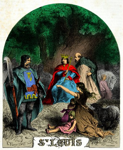 Ludwik IX (św. Ludwik 1214-1270) wymierzający sprawiedliwość pod dębem, rycina XIX wiek autorstwa Unknown artist