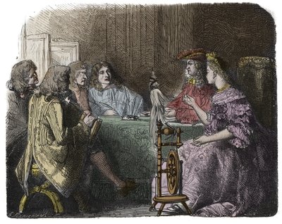 Ludwik XIV przeprowadzający interesy ze swoimi ministrami w apartamentach Madame de Maintenon (rycina) autorstwa Unknown artist