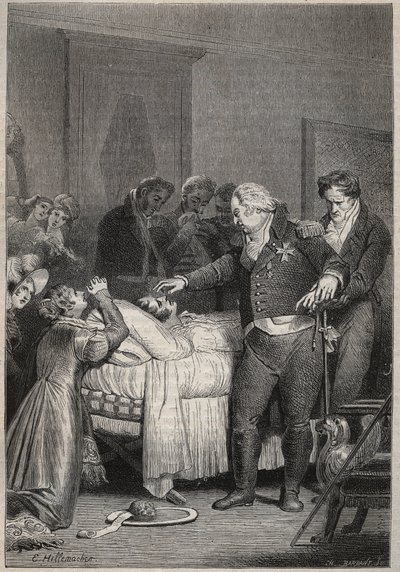 Ludwik XVIII na łożu śmierci księcia Berry - Ostatnie chwile księcia Berry 13 lutego 1820 (1778 - 1820) w Operze Paryskiej w otoczeniu Ludwika XVIII i rodziny królewskiej - rycina w „Histoire de France opowiadaj mojemu wnuki" autorstwa Unknown artist