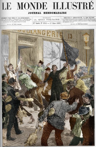 Louise Michel (1833-1905), francuska rewolucjonistka, machająca czarną flagą z napisem „chleb albo śmierć” podczas grabieży piekarni podczas demonstracji robotniczej 9 marca 1883 r. w Paryżu. autorstwa Unknown artist