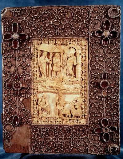 Dolne półmisek psałterza Karola Łysego (Charles II) (823-877): miniatura z kości słoniowej przedstawiająca Natana przybyła, by zabić dziecko, pochodzące z cudzołożnego związku króla Izraela Dawida i Betsabee. 850-875. Paryż, B.N. autorstwa Unknown artist
