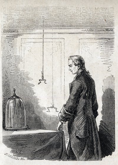 Luigi Galvani wywołuje żabie skurcze przez piorunochron - LUIGI GALVANI (1737-1798) włoski lekarz i fizyk. Powoduje skurcze u żaby prądem elektrycznym z chmury burzowej autorstwa Unknown artist