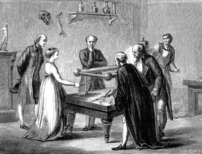 Luigi Galvani odkrył w 1780 roku, że mięsień żaby ulega drażliwości pod wpływem prądu elektrycznego autorstwa Unknown artist