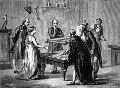 Luigi Galvani, profesor w Bolonii, odkrył w 1780 drażliwość mięśni żaby pod wpływem elektryczności. Rycina XIX wieku. autorstwa Unknown artist