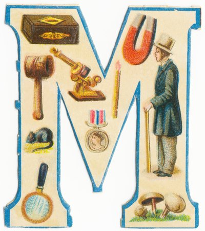 M: zapałki, magnes, młotek, mikroskop, mysz, medal, mężczyzna, lupa, grzyby (kolor lito) autorstwa Unknown artist