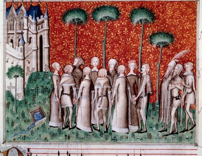 Machaut odnajduje swoją panią. Miniatura z partytury w „Remede de Fortune” (Folio 51) Guillaume de Machaut (t. 1300-1377), ok. 1350-1355. autorstwa Unknown artist