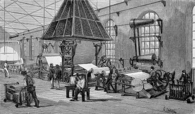Maszyna do produkcji papieru ciągłego. Grawerowanie z XIX wieku. autorstwa Unknown artist