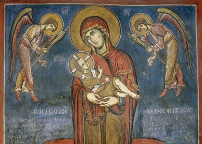 Madonna z Dzieciątkiem między Archaniołami, fresk (1192), kościół Panagia Tou Araka (Kościół Matki Bożej Grochowej) (Lista Światowego Dziedzictwa UNESCO, 2001), Lagoudera, góry Troodos, Cypr autorstwa Unknown artist