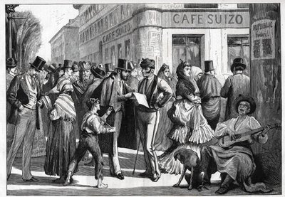 Madryt w 1873 roku. Spacery na rogu ulic Sewilli i Alcala. Grawerowanie z 1873 roku. autorstwa Unknown artist