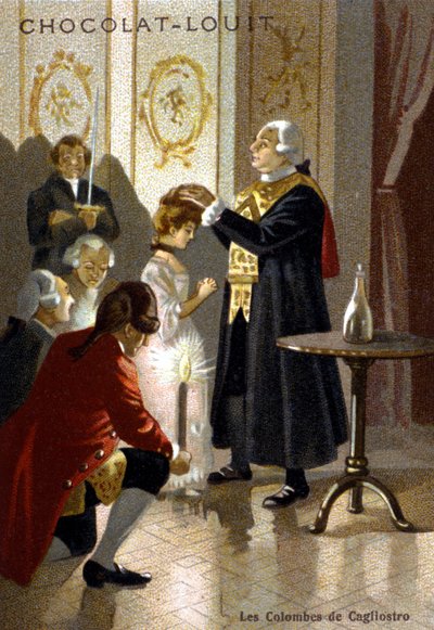 Sesja magiczna Giuseppe Balsamo, znanego jako Aleksander, hrabia Cagliostro (1743 - 1795). chromolitografia z końca XIX wieku.. autorstwa Unknown artist