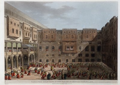 Mamelucy praktykujący na dziedzińcu Pałacu Mourad Bey – w „Widokach w Egipcie, Palestynie i innych częściach Imperium Osmańskiego”” autorstwa Unknown artist