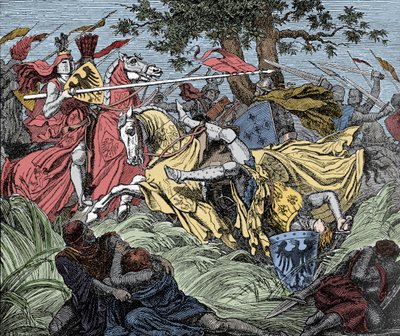 Manfred zabity w bitwie - Bitwa pod Benewentem (26 lutego 1266): śmierć Manfreda I (Hohenstaufena) autorstwa Unknown artist