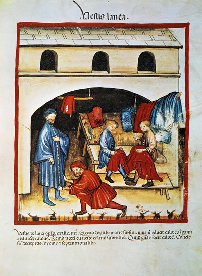 Produkcja i użytkowanie odzieży wełnianej: dwie osoby robią ubrania, a druga przymierza długi płaszcz autorstwa Unknown artist