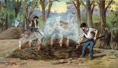 Produkcja węgla drzewnego, piec do spalania. Chromolitografia z końca XIX wieku autorstwa Unknown artist