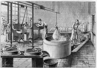Produkcja gruyere: nowoczesna fabryka serów. Grawerowanie w „”Nature: przegląd nauk i ich zastosowań w sztuce i przemyśle”” z dnia 19 września 1891 r. autorstwa Unknown artist