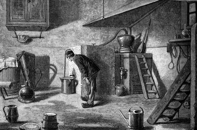 Manufaktura kirschu: destylacja, zamek Isenberg w Alzacji. Grawerowanie w „” Le Journal de la jeunesse”” autorstwa Unknown artist