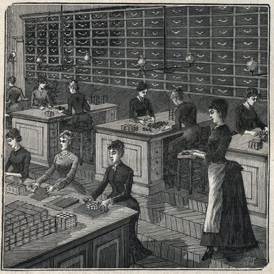 Produkcja piór metalowych: sortowanie i pakowanie piór w fabryce we Francji w XIX wieku. Grawer z 1885 roku w „Les arts et metiers illustres” Adolphe BITARD. autorstwa Unknown artist