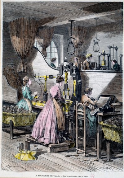 Produkcja tytoniu, pakowanie tytoniu do palenia. Litografia 1867 Paryż, Musee Carnavalet autorstwa Unknown artist
